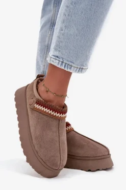 Śniegowce Damskie Niskie Z Ruchomym Paskiem I Haftem Na Platformie Ciemnobeżowe Lyrisse