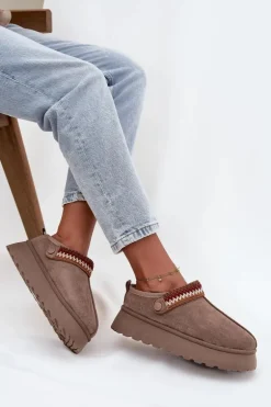 Śniegowce Damskie Niskie Z Ruchomym Paskiem I Haftem Na Platformie Ciemnobeżowe Lyrisse