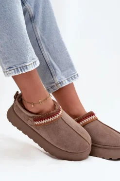 Śniegowce Damskie Niskie Z Ruchomym Paskiem I Haftem Na Platformie Ciemnobeżowe Lyrisse