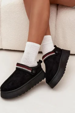 Śniegowce Damskie Niskie Z Ruchomym Paskiem I Haftem Na Platformie Czarne Lyrisse