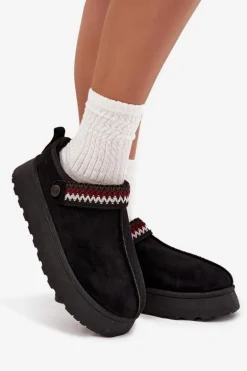 Śniegowce Damskie Niskie Z Ruchomym Paskiem I Haftem Na Platformie Czarne Lyrisse