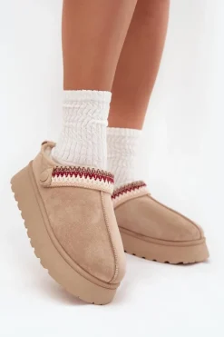 Śniegowce Damskie Niskie Z Ruchomym Paskiem I Haftem Na Platformie Jasnobeżowe Lyrisse