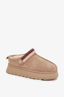 Śniegowce Damskie Niskie Z Ruchomym Paskiem I Haftem Na Platformie Jasnobeżowe Lyrisse