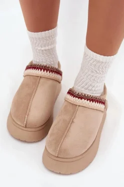 Śniegowce Damskie Niskie Z Ruchomym Paskiem I Haftem Na Platformie Jasnobeżowe Lyrisse