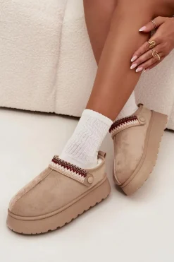 Śniegowce Damskie Niskie Z Ruchomym Paskiem I Haftem Na Platformie Jasnobeżowe Lyrisse