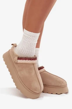 Śniegowce Damskie Niskie Z Ruchomym Paskiem I Haftem Na Platformie Jasnobeżowe Lyrisse