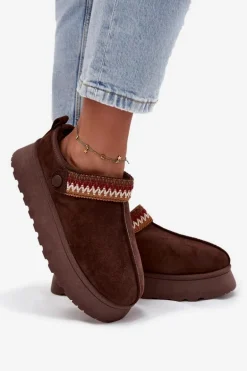 Śniegowce Damskie Niskie Z Ruchomym Paskiem I Haftem Na Platformie Czekoladowe Lyrisse