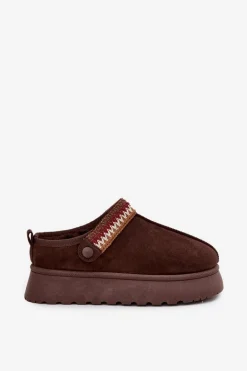 Śniegowce Damskie Niskie Z Ruchomym Paskiem I Haftem Na Platformie Czekoladowe Lyrisse