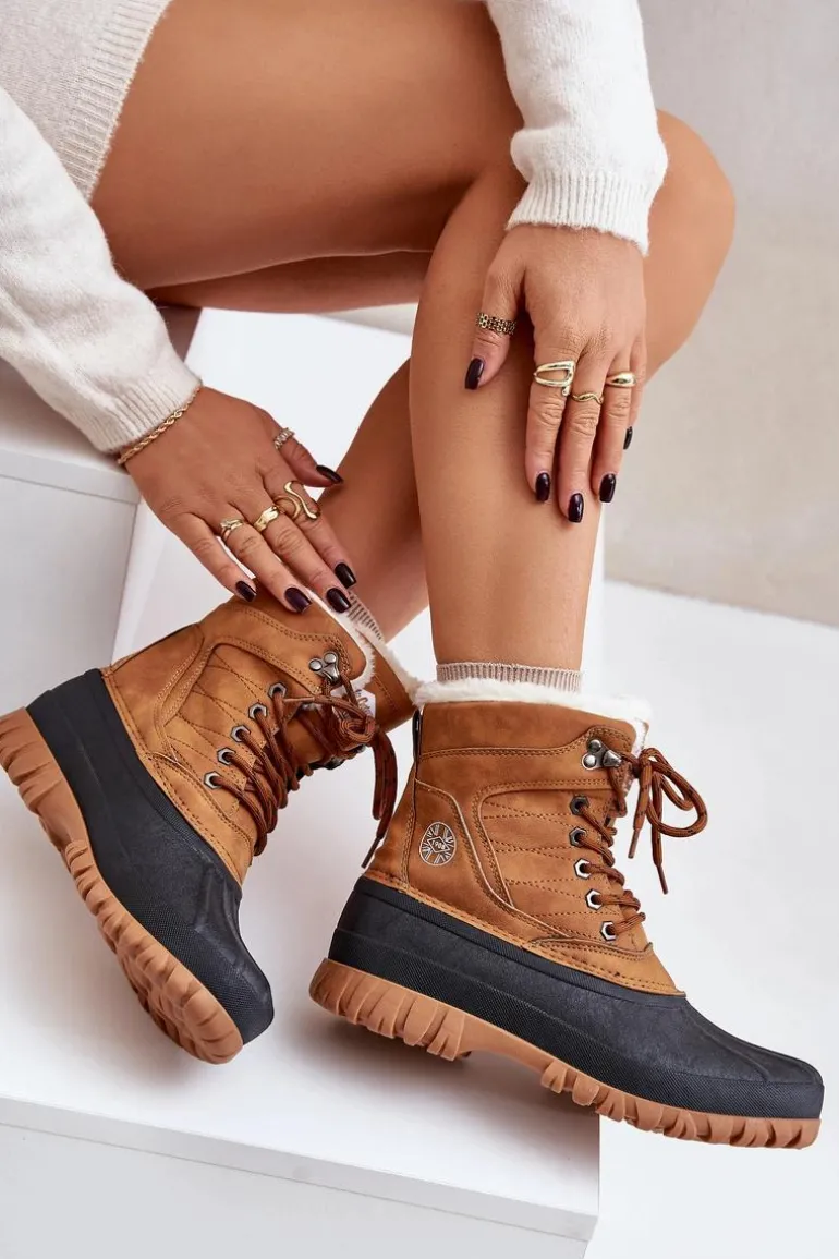 Śniegowce Damskie Sznurowane Z Futerkiem Lee Cooper LCJ-24-44-2869 Camel