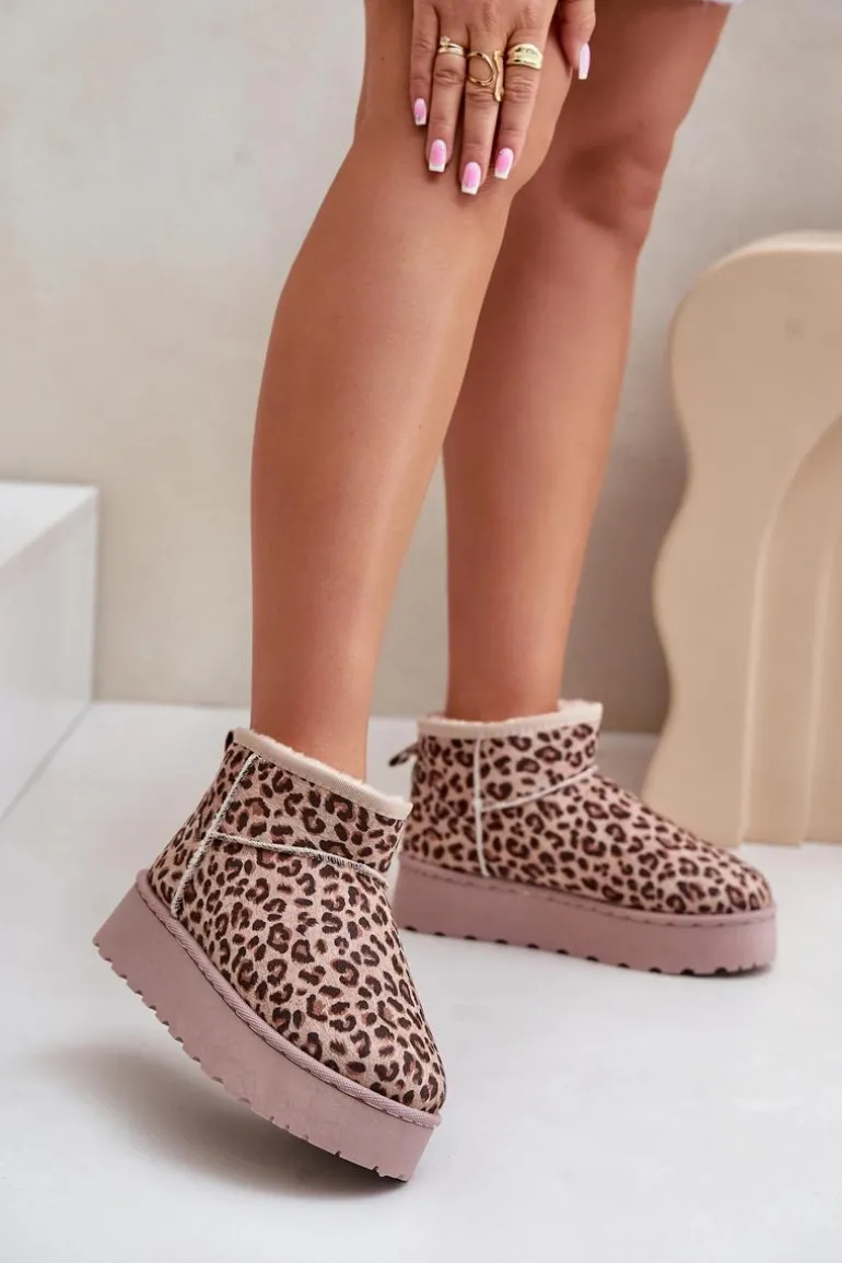 Śniegowce Damskie W Panterkę Na Platformie Ocieplane Futerkiem Brązowe Xamella