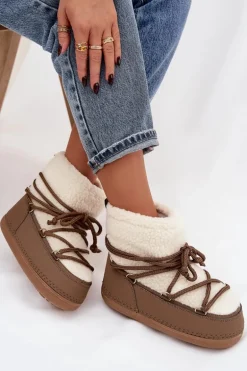 Śniegowce Damskie Z Futerkiem Typu Baranek Wiązane Ciemnobeżowe Belira