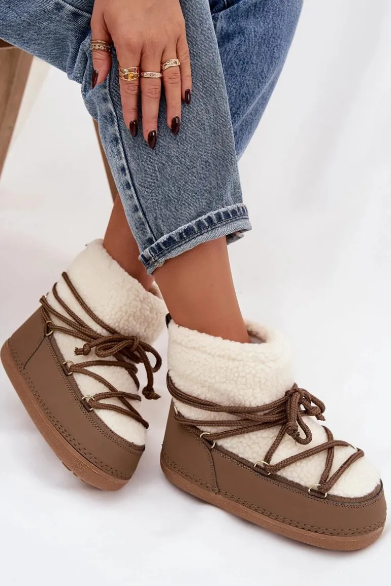 Śniegowce Damskie Z Futerkiem Typu Baranek Wiązane Ciemnobeżowe Belira