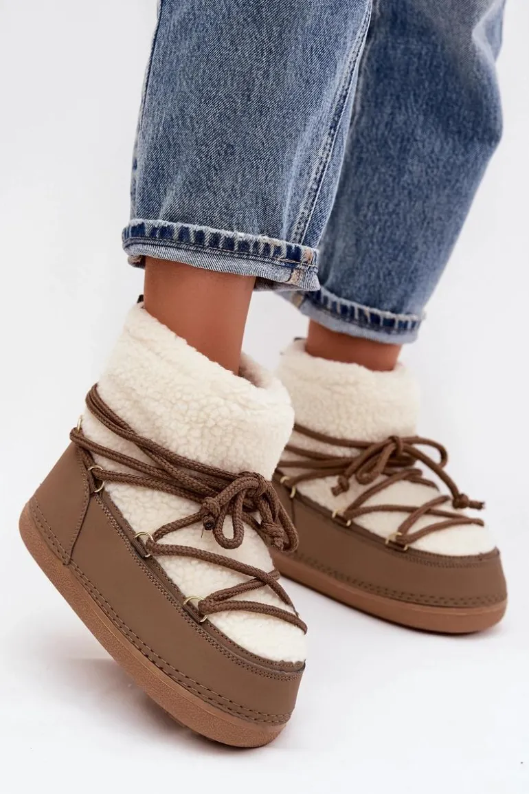 Śniegowce Damskie Z Futerkiem Typu Baranek Wiązane Ciemnobeżowe Belira