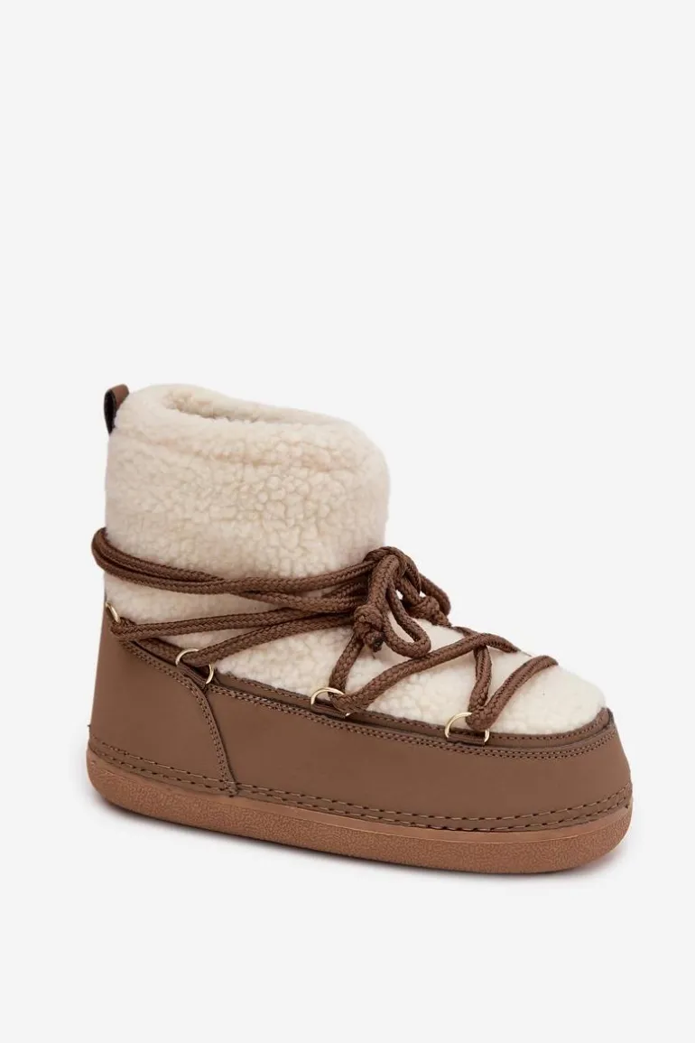 Śniegowce Damskie Z Futerkiem Typu Baranek Wiązane Ciemnobeżowe Belira