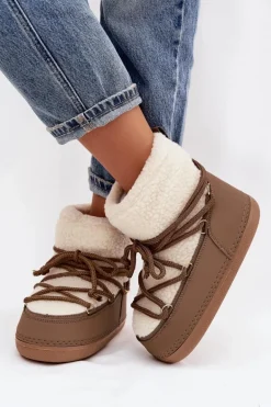 Śniegowce Damskie Z Futerkiem Typu Baranek Wiązane Ciemnobeżowe Belira