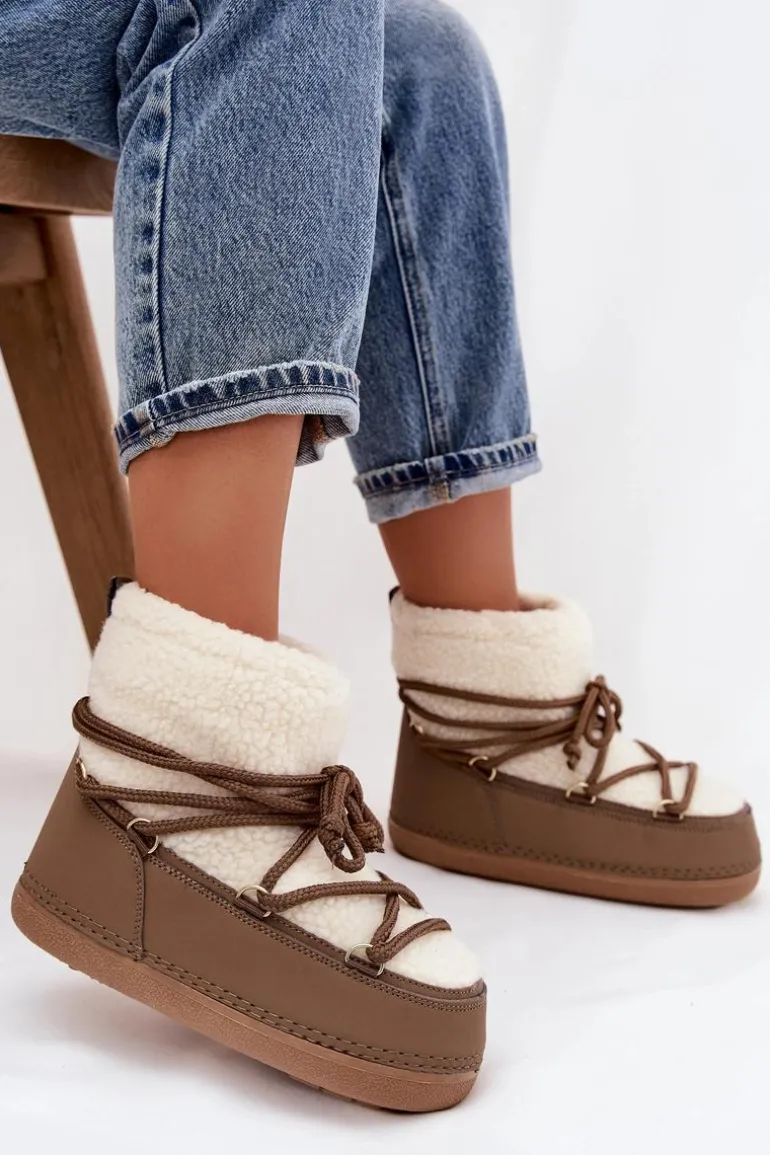 Śniegowce Damskie Z Futerkiem Typu Baranek Wiązane Ciemnobeżowe Belira