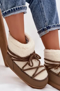 Śniegowce Damskie Z Futerkiem Typu Baranek Wiązane Ciemnobeżowe Belira