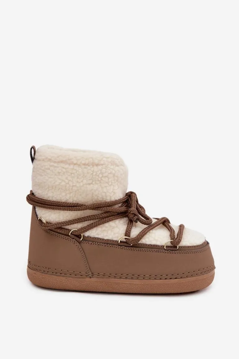 Śniegowce Damskie Z Futerkiem Typu Baranek Wiązane Ciemnobeżowe Belira