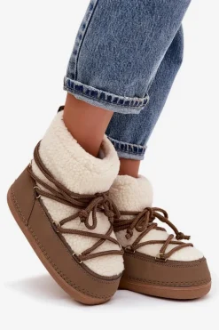 Śniegowce Damskie Z Futerkiem Typu Baranek Wiązane Ciemnobeżowe Belira