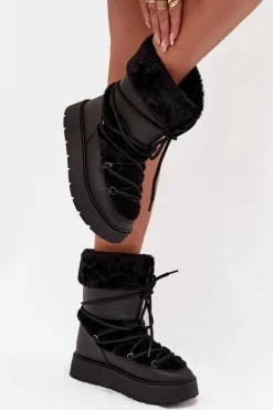 Śniegowce Damskie Z Futerkiem I Wiązaniem Na Platformie Czarne Marinna