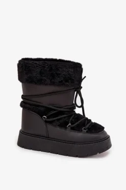 Śniegowce Damskie Z Futerkiem I Wiązaniem Na Platformie Czarne Marinna