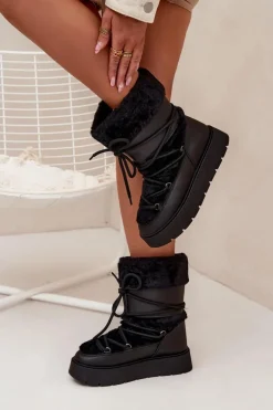 Śniegowce Damskie Z Futerkiem I Wiązaniem Na Platformie Czarne Marinna