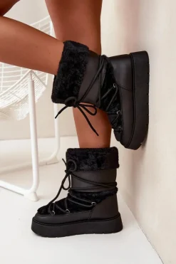 Śniegowce Damskie Z Futerkiem I Wiązaniem Na Platformie Czarne Marinna