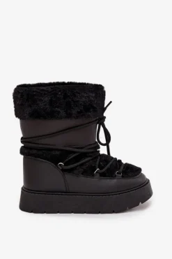 Śniegowce Damskie Z Futerkiem I Wiązaniem Na Platformie Czarne Marinna