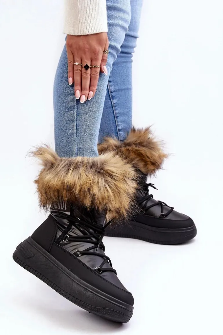 Śniegowce Damskie Z Futerkiem Na Platformie Czarne Nabilla