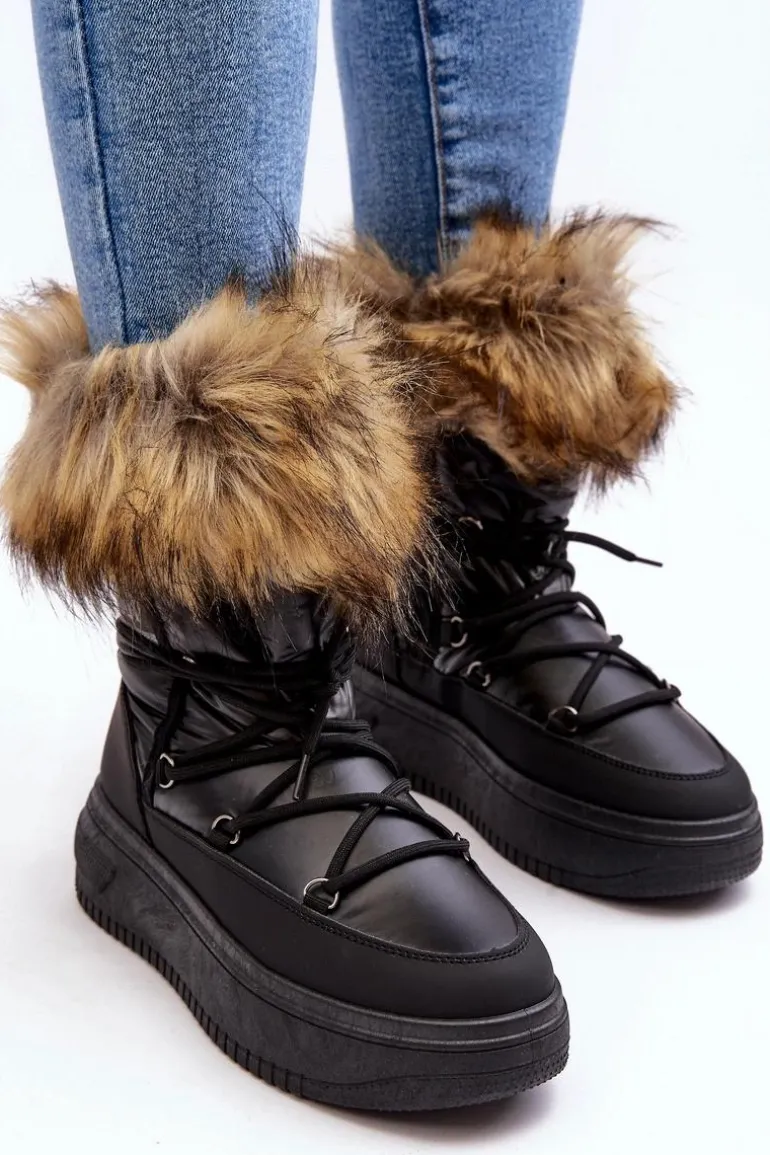 Śniegowce Damskie Z Futerkiem Na Platformie Czarne Nabilla