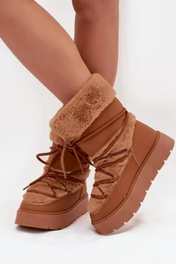 Śniegowce Damskie Z Futerkiem I Wiązaniem Na Platformie Camel Marinna