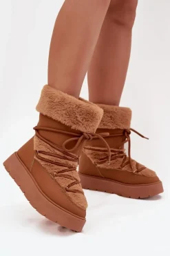 Śniegowce Damskie Z Futerkiem I Wiązaniem Na Platformie Camel Marinna