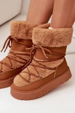 Śniegowce Damskie Z Futerkiem I Wiązaniem Na Platformie Camel Marinna