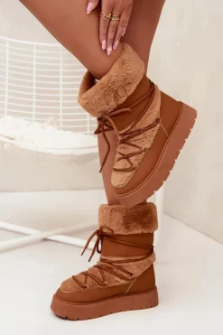 Śniegowce Damskie Z Futerkiem I Wiązaniem Na Platformie Camel Marinna