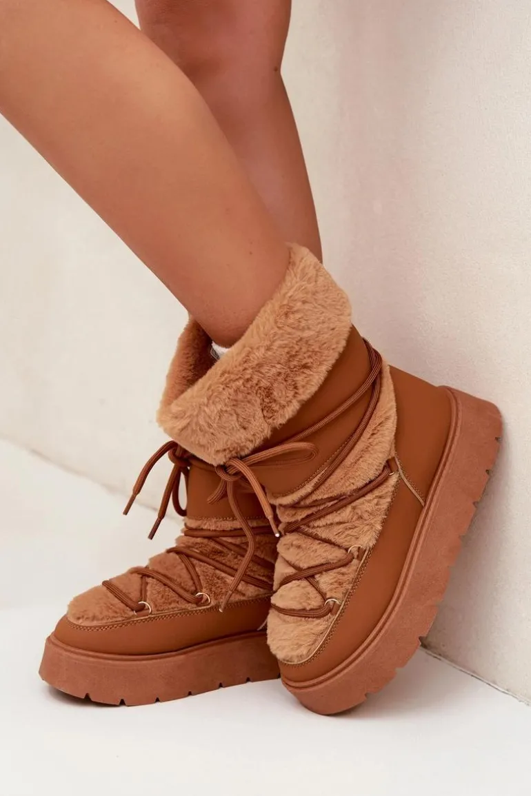 Śniegowce Damskie Z Futerkiem I Wiązaniem Na Platformie Camel Marinna