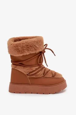Śniegowce Damskie Z Futerkiem I Wiązaniem Na Platformie Camel Marinna