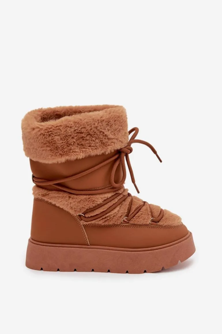 Śniegowce Damskie Z Futerkiem I Wiązaniem Na Platformie Camel Marinna