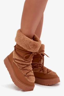Śniegowce Damskie Z Futerkiem I Wiązaniem Na Platformie Camel Marinna