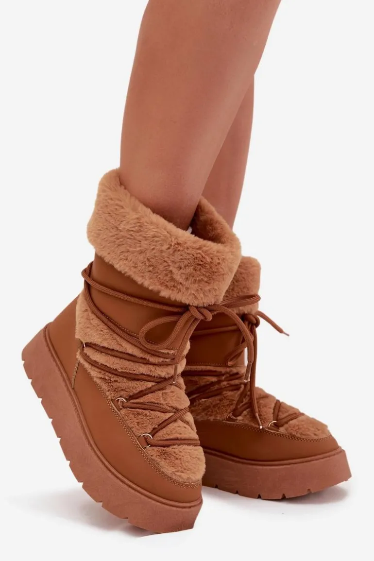 Śniegowce Damskie Z Futerkiem I Wiązaniem Na Platformie Camel Marinna