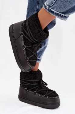 Śniegowce Damskie Z Futerkiem Typu Baranek Wiązane Czarne Belira