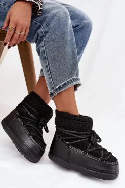 Śniegowce Damskie Z Futerkiem Typu Baranek Wiązane Czarne Belira