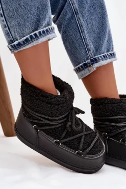 Śniegowce Damskie Z Futerkiem Typu Baranek Wiązane Czarne Belira
