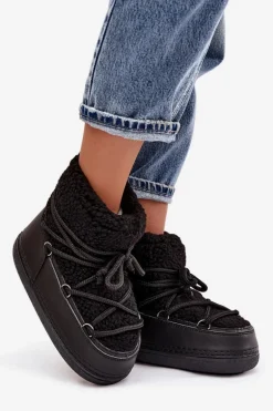 Śniegowce Damskie Z Futerkiem Typu Baranek Wiązane Czarne Belira