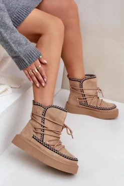 Śniegowce Damskie Z Haftem Na Platformie Brązowe Naleris