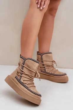 Śniegowce Damskie Z Haftem Na Platformie Brązowe Naleris