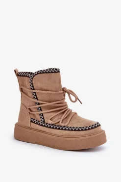 Śniegowce Damskie Z Haftem Na Platformie Brązowe Naleris