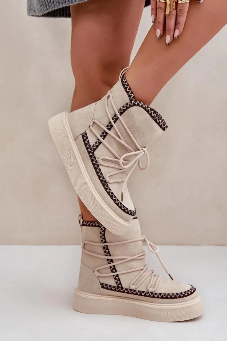 Śniegowce Damskie Z Haftem Na Platformie Jasnobeżowe Naleris