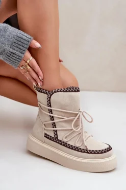 Śniegowce Damskie Z Haftem Na Platformie Jasnobeżowe Naleris