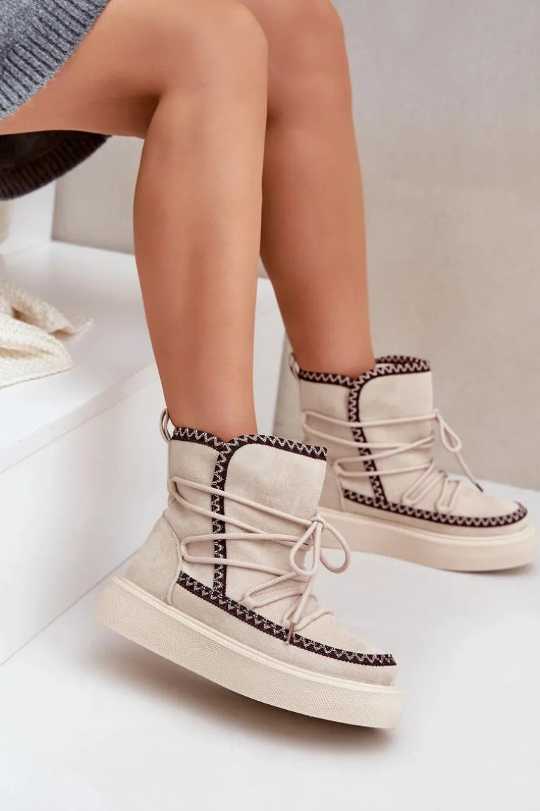 Śniegowce Damskie Z Haftem Na Platformie Jasnobeżowe Naleris