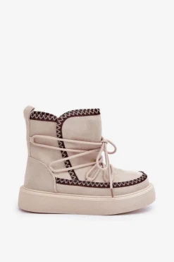 Śniegowce Damskie Z Haftem Na Platformie Jasnobeżowe Naleris